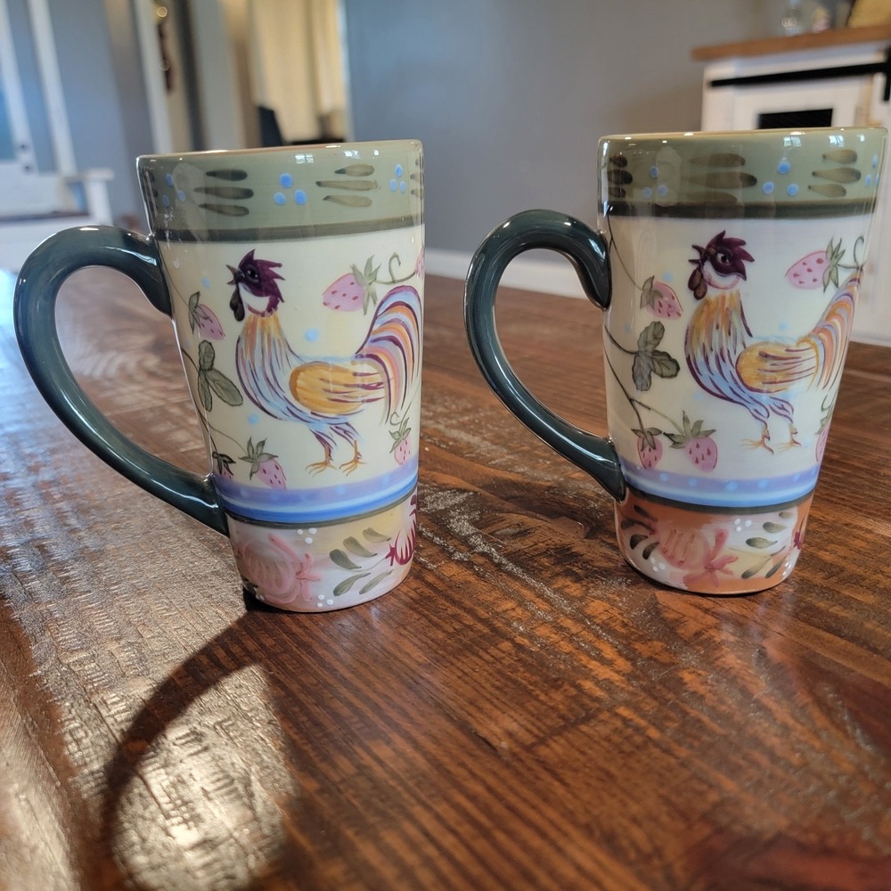 Set of 2 Chanticleer by Zrike Company Danna Cullen Rooster Mugs 5.5in Strawberry
